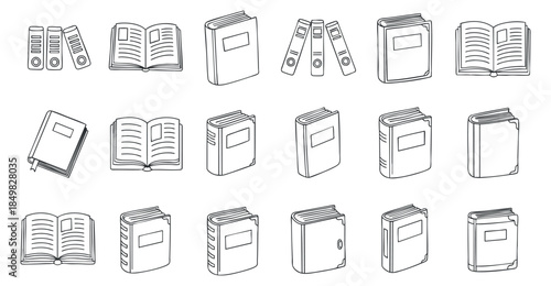 A collection of various books, notebooks, and binders in minimalist outline vector style, ideal for educational and office design