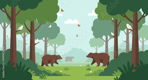 Whimsical forest landscape with bears, birds, butterflies, and lush foliage illustration
