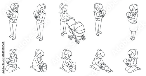 A collection of line art illustrations depicting mothers caring for babies in various nurturing poses, featuring minimalist vector style, suitable for parenting and childcare themes