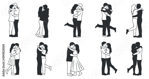 A collection of couples hugging in black and white minimalist vector style, perfect for love-themed designs and romantic projects
