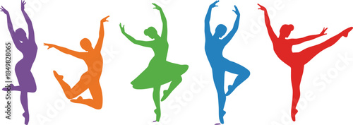 Set of colorful ballet dancer silhouettes performing graceful jumps and poses for dance studio school performance art and creative fitness concept