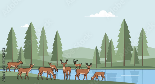 Illustration of deer grazing in a serene forest near a river a peaceful wildlife scene