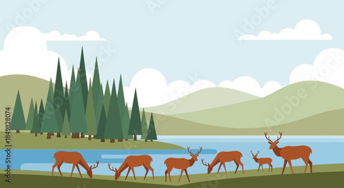 Tranquil Deer Family Illustration in a Natural Lakeside Setting with Forest Scenery