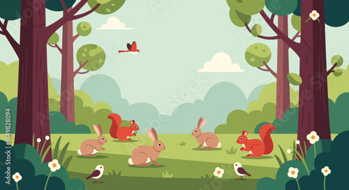 Enchanting woodland scene featuring cute animals in a colorful natural habitat illustration