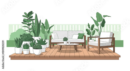 Elegant outdoor patio illustration with modern furniture and lush greenery in pots