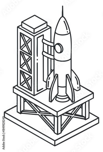 A rocket on a launchpad in geometric outline vector style, suitable for technology and space exploration projects