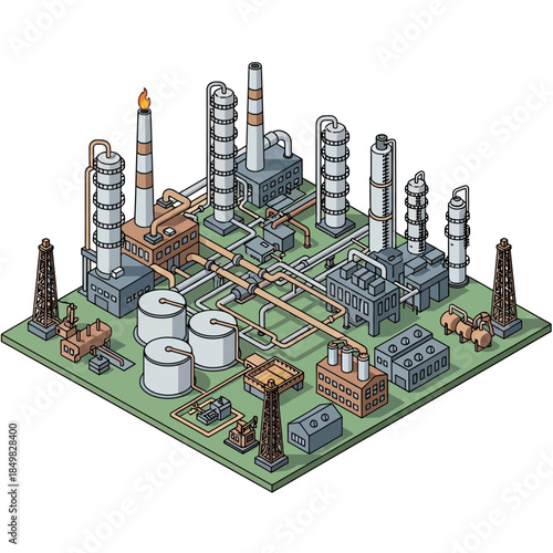 Isometric illustration of a detailed industrial oil refinery or chemical plant with tanks, pipes, and towers.
