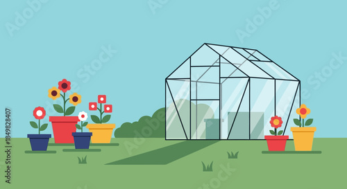 Illustration showcasing a greenhouse with potted flowers in a garden setting design