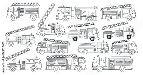 A collection of fire trucks with ladders and equipment in black and white outline vector style, ideal for educational materials and emergency service graphics