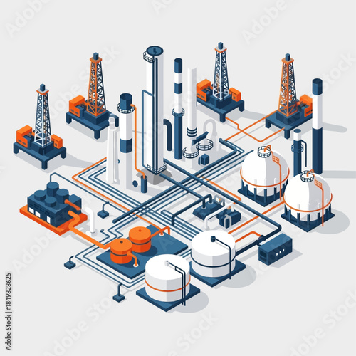 Isometric illustration of an oil and gas refinery complex with drilling rigs, storage tanks, and interconnected pipelines on a light background.