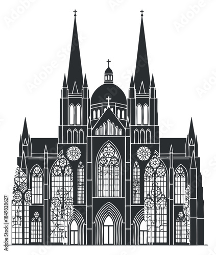A gothic cathedral with tall spires and intricate stained glass windows in black and white outline vector style, ideal for architectural designs