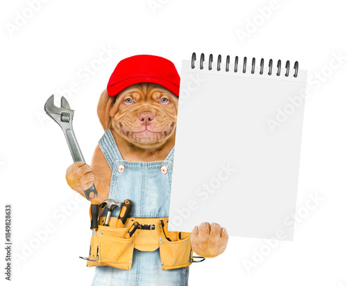 Smiling Mastiff puppy wearing denim overalls with tool belt showing blank notepad and holding wrench. Isolated on white background