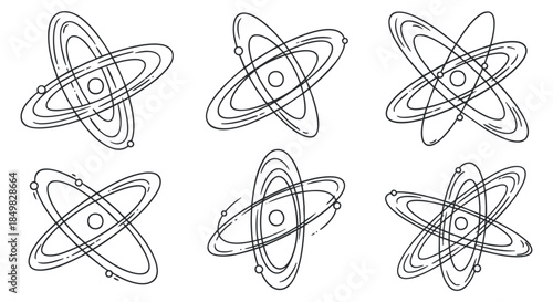 A set of six atomic models with electrons orbiting around the nucleus in clean black and white outline vector style, perfect for educational and scientific projects
