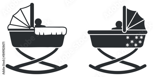 A set of rocking cribs for infants in black and white minimalist vector style, perfect for childcare and nursery designs