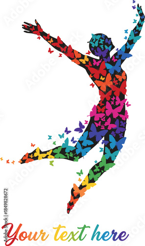 Artistic black silhouette of a jumping person formed by colorful butterflies representing freedom transformation joy vitality and creative spiritual growth concepts