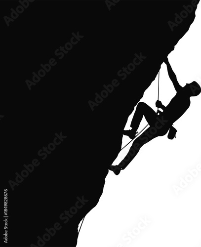 Black silhouette of a male rock climber scaling a steep mountain cliff with ropes for extreme sports adventure and outdoor recreation
