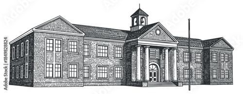 A detailed illustration of a historic school building in black and white vector style, suitable for educational projects