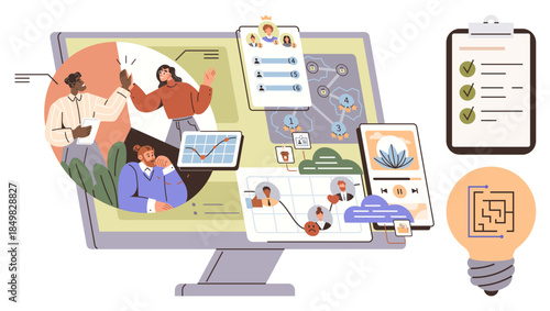 Diverse team members interacting via technology, charts, diagrams, project dashboards, checklist, and light bulb. Ideal for teamwork, innovation, planning creativity productivity brainstorming