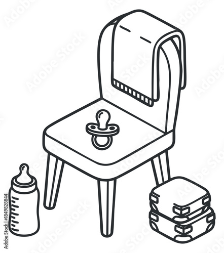 A minimal outline illustration of a baby chair with a towel, pacifier, baby bottle, and storage boxes in modern vector style, ideal for childcare or parenting themes