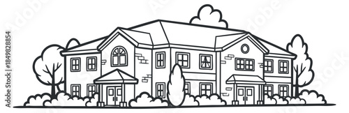 A detailed outline illustration of a classic residential house in vintage style, suitable for real estate and architectural design projects