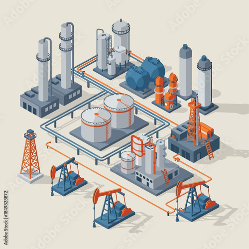 Isometric illustration of an oil and gas industry complex featuring drilling rigs, pumpjacks, storage tanks, and refinery structures connected by pipelines.