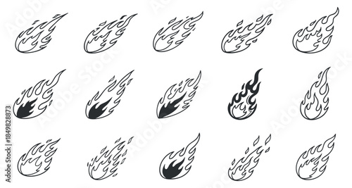 A collection of stylized flame icons in black and white vector style, perfect for graphic design and branding projects