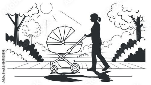 A woman walking with a baby stroller in a park setting, illustrated in minimalist black and white vector style, ideal for parenting and family-themed designs