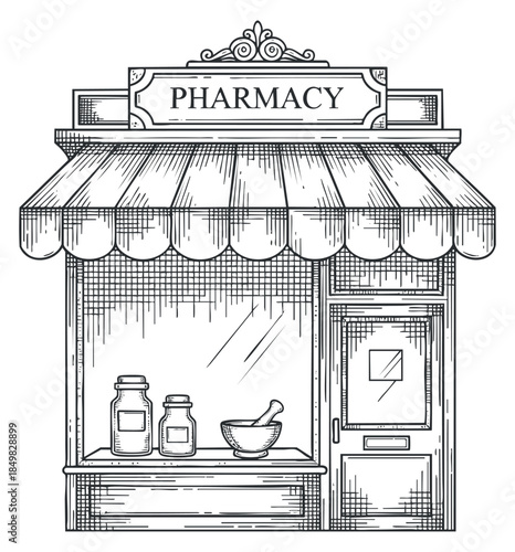A vintage pharmacy storefront illustration in detailed black and white line art style, ideal for healthcare branding and design