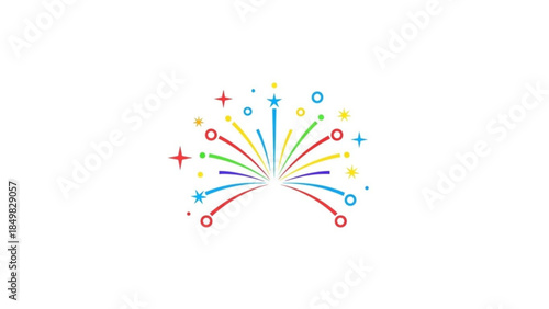 Vibrant colorful firework explosion with rainbow lines stars and circles on white background for celebration or party decoration