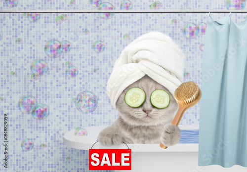 Funny kitten with towel on it head and with slices of cucumber on it eyes takes a bath at home, holds shower brush and shows signboard with labeled 