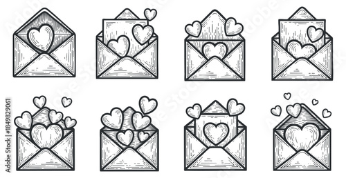 A collection of envelopes with hearts in various arrangements, in hand-drawn black and white vector style, perfect for romantic designs and greeting cards
