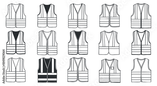 A collection of safety vests in various styles and designs in outline vector format, ideal for workwear and safety illustrations