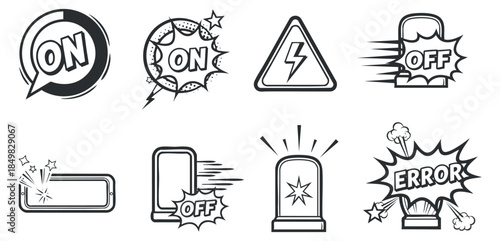 A collection of on and off icons with error and alert symbols in a black and white outline vector style, suitable for user interface design