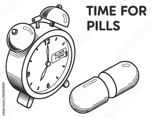 An alarm clock showing 7:00 AM next to a capsule pill in outline minimalist vector style, ideal for health awareness and medication reminders