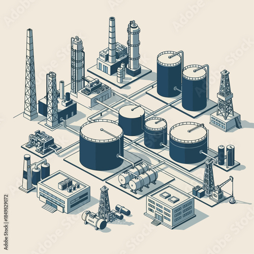 Isometric illustration of a large industrial complex with storage tanks, factories, and pipelines.