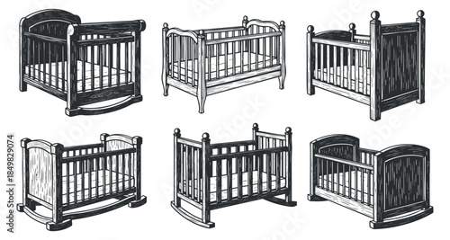 A collection of six vintage wooden cribs in black and white outline vector style, suitable for nursery decor and parenting themes