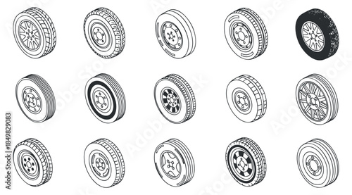 A set of various car wheels and tires in black and white outline vector style, ideal for automotive design and branding