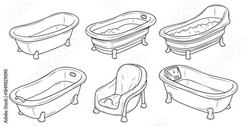 A collection of six bathtubs in outline minimalist vector style, suitable for bathroom design and renovation projects