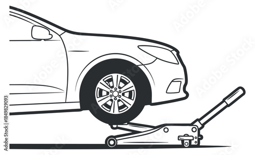 A car being lifted by a hydraulic jack in a minimalist black and white vector style, ideal for automotive and repair applications