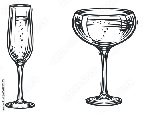 A collection of champagne flute and cocktail glass in detailed black and white outline vector style, suitable for bar menus and cocktail branding
