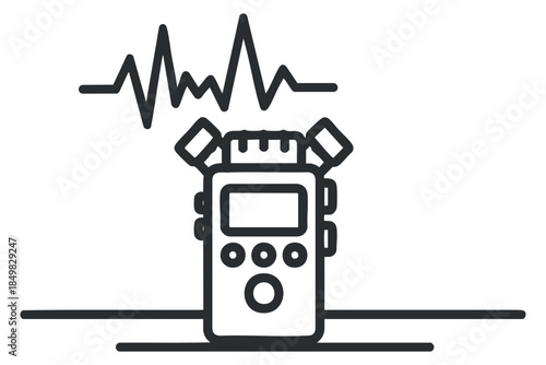 A handheld audio recorder with sound waveform in minimalist black outline vector style, ideal for music and media production