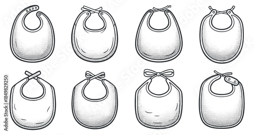A collection of baby bibs in outline vector style, ideal for childcare branding and baby product designs