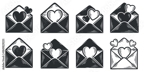 A set of love letters with hearts inside envelopes in black and white vector style, perfect for Valentine's Day designs