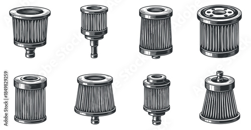 A collection of vintage automotive oil filters in detailed black and white vector style, suitable for mechanical and industrial design projects