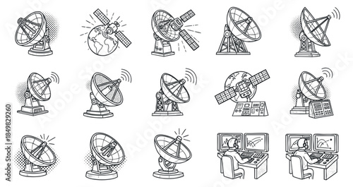A collection of satellite dishes, communication devices, and control monitors in black and white outline vector style, perfect for technology and engineering projects