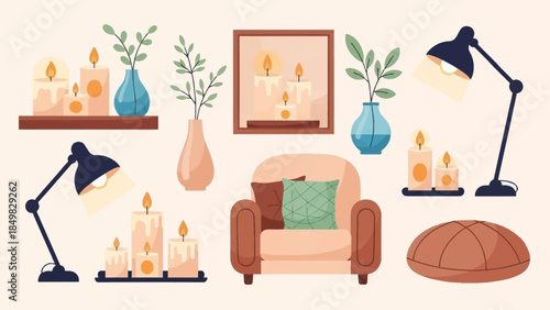 Cozy Armchair with Pillows and Decorative Lamps.