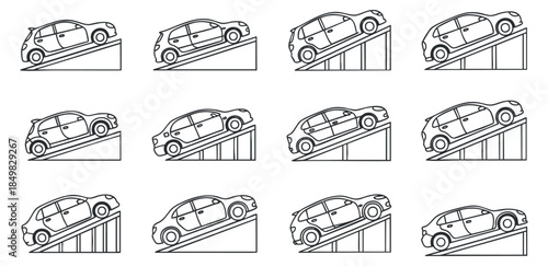A set of outlined cars ascending and descending hills in minimalist vector style, suitable for automotive design projects
