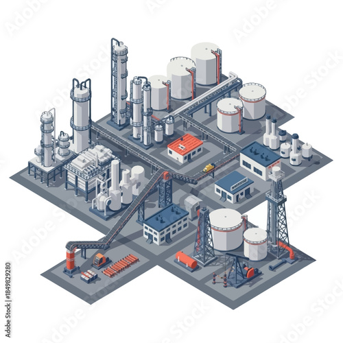 Isometric pixel art illustration of a large industrial oil refinery complex with storage tanks, pipelines, and processing units.