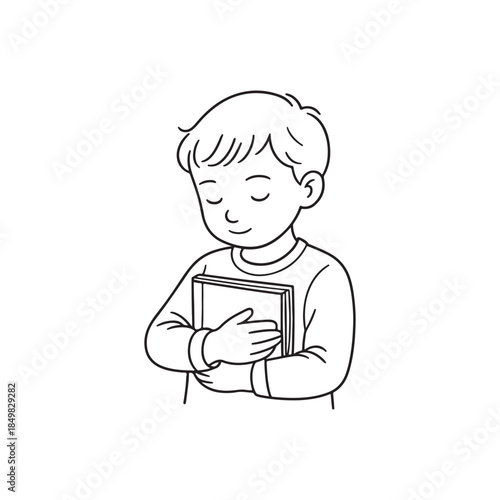  Line Drawing of Child Holding Book with Calm Expression on White Background