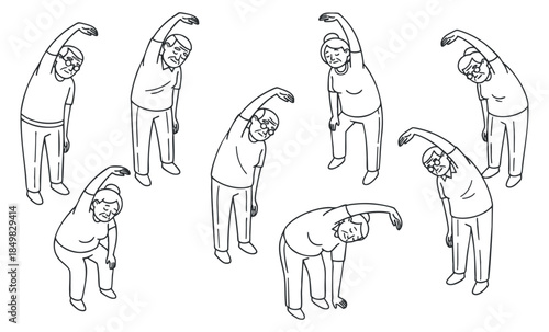 A collection of elderly individuals performing various stretching exercises in minimalistic black and white vector style, perfect for health and wellness projects